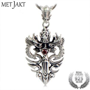 MetJakt Double Dragon Pendant with Single Ruby Solid 925 Sterling Silver Pendant Necklace for Cool Men Vintage Punk Rock Jewelry