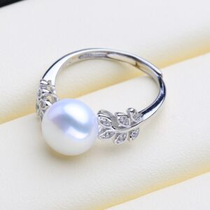 FENASY Natural Freshwater Pearl Rings Trendy Adjustable Size 925 Sterling Silver Leaf Rings For Women With Shining Zircon