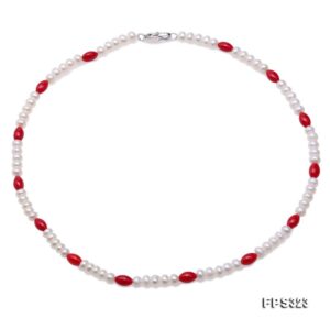 JYX Delicate Coral and White Pearl Necklace Bracelet jewelry set 5-5.5mm rice shape coral 17/7" jewelry set women mother gift