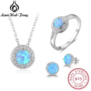 925 Sterling Silver Jewelry Sets Cubic Zirconia Blue Opal Pendant Necklace Earrings Ring Sets Wedding Jewelry (Lam Hub Fong)