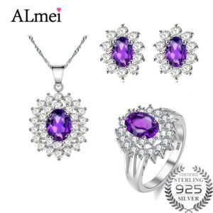 Almei Diana William Engagement Wedding Amethyst Jewelry Set Silver 925 Ring Pendant Stud Earring 45cm Chain with A Box 10% CT001