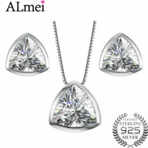 Almei Triangel CZ Jewelry Sets 925 Sterling Silver Set Include Pendant Necklace and Stud Earrings for Women with Box 40% LT002