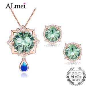 Almei Rose Gold Color AAAA Peacock Green Austrian CZ Crystal Jewelry Set Include Necklace + Eearrings for Women with A Box CT010