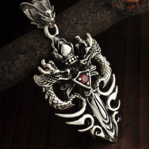 MetJakt Double Dragon Pendant with Single Ruby Solid 925 Sterling Silver Pendant Necklace for Cool Men Vintage Punk Rock Jewelry