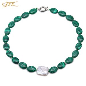 JYX Fashion 13*17.5mm Green Malachite necklace with baroque pearl Necklaces Elegant Nature Gemstone Jewelry For Mother gift 18"