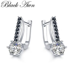 Black Awn Hot Sale Genuine 925 Sterling Silver Round Engagement Hoop Earrings for Women Black Spinel Stone Jewelry Bijoux I119