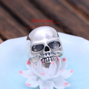 MetJakt Vintage Punk Men's Skull Rings Solid 925 Sterling Silver Glossy Rings for Cool Male Biker Jewelry