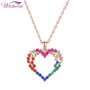 Wuziwen Colorful Crystal Heart Shape Pendant Necklace For Women 14 K Rose Gold Chain Wedding Jewelry