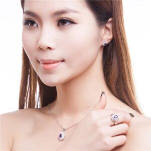 Almei Diana William Engagement Wedding Amethyst Jewelry Set Silver 925 Ring Pendant Stud Earring 45cm Chain with A Box 10% CT001