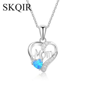 Fashion 925 Silver Heart Pendant Necklace Personalized Opal Crystal Letter Mom Necklace for Women Mothers Day Jewelry Gift