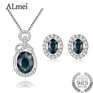 Almei Oval 925 Sterling Silver Sapphire Costume Jewelry Sets Women Pendant Necklace Earrings for Birthday Gift with A Box CT009