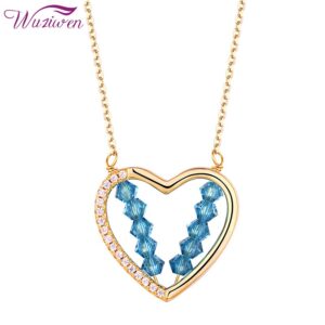 Wuziwen Yellow Gold Heart Shape Pendant Necklace For Women Blue Crystal White AAA Cubic Zircon Unique Jewelry Gift