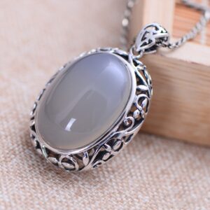 MetJakt Vintage Natural White Chalcedony Buddha Pendants Solid 925 Sterling Silver Pendant for Necklace Women's Jewelry