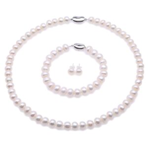 JYX Natural Pearl Necklace Set 9.0-10.0mm White Cultured Freshwater Pearl Necklace Bracelet and Earrings Set