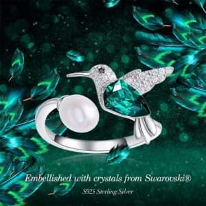 Cdyle Luxury Silver 925 Jewelry Women Pearl Rings with Green Crystal from Swarovski Hummingbird Finger Ringen Voor Vrouwen