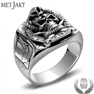 MetJakt Punk Rock Skull Ring & US Army Soldier Sniper Ring Solid Real 925 Sterling Silver for Men Vintage Thai Silver Jewelry