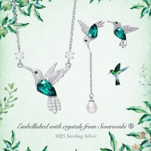 Cdyle 925 Sterling Silver Necklace Earrings Set with Green Austrian Crystal Hummingbird for Women Fine Jewelry Set Gift