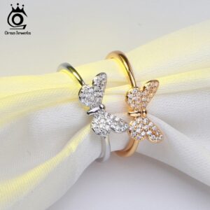 ORSA JEWELS Genuine 925 Sterling Silver Women Rings Cute Butterfly Silver&Gold Color AAA Cubic Zircon Fashion Ring Jewelry SR59