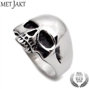 MetJakt Vintage Punk Men's Skull Rings Solid 925 Sterling Silver Glossy Rings for Cool Male Biker Jewelry