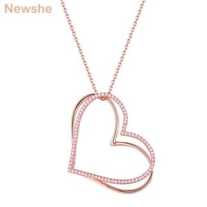 Newshe Rose Gold Color Double Heart Pendant Necklace For Women 925 Sterling Silver Cable Chain AAA CZ Romantic Jewelry Gift