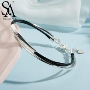 SA SILVERAGE Real 925 Sterling Leather Bangle Bracelet For Women Fine Jewelry Two Layer Bangles Bracelets 2018 New Design