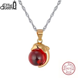 Effie Queen 925 Sterling Silver Necklace for Women Lovely Red Stone Dolphin Animal Pendants Silver&Gold-color Jewelry Gift BN02