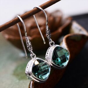 MetJakt Natural Chrome Diopside Earrings Solid 925 Sterling Silver Drop Earrings for Women's Vintage Ethnic Jewelry