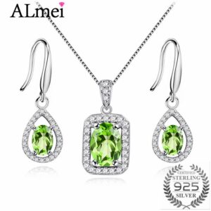 Almei Natural Gemstone Green Peridot Hook Earrings Women Halo Pendant Necklace Pure Silver 925 Fine Jewelry Sets with Box FT001