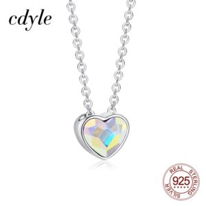 Cdyle AB Color Mini Heart Pendant Necklaces for Women Crystal from Swarovski Genuine 925 Sterling Silver Chain Link Necklace