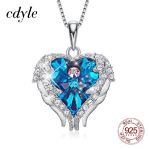 Cdyle Top Quality 925 Sterling Silver Jewelry Fashion Women Four Colors Crystal Heart Angel Wing Pendants Necklace Wholesale