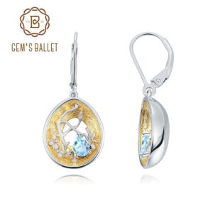 GEM'S BALLET 925 Silver 18k Gold over Hollow Handmade Branch Bud Drop Earrings Natural Swiss Blue Topaz Earrings for Women