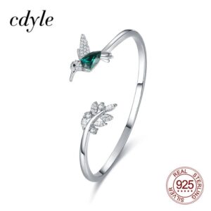 Cdyle 925 Sterling Silver Green Crystal Bird Animal Bangle Bracelet CZ Leaf Exquisite Hummingbird Jewelry for Women 2020