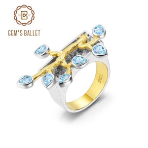 GEM'S BALLET Natural Swiss Blue Topaz Women's Cocktail Ring 18k Gold Over 925 Silver Two Tone Handmade Madagascar Forest Rings