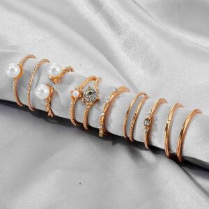 Pearl Beads Crystal Stone Charm Gold Rings Set For Women Vintage Finger Knuckle Bands Female Fashion Jewelry Wedding Gift 8Pcs