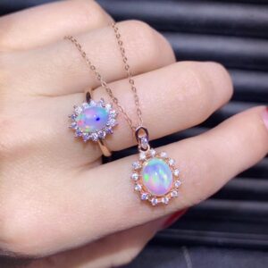 Oval Cut Natural Opal Pendant Necklace and Halo Ring Set,925 Sterling SIlver Gemstone Jewelry Set for Women FT263