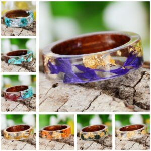 2020 Hot Sale Handmade Wood Resin Ring Dried Flowers Plants Inside Jewelry Resin Ring Transparent Anniversary Ring for Women