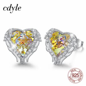 Cdyle New Original Design Yellow Crystal Heart Stud Earrings Angel Wing Earrings for Women 925 Silver Jewelry Accessories 2020