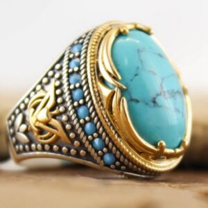 Bohemian Large Oval Natural Stone Rings For Women Men Vintage Dual Color Blue Beads Turquoises Finger Rings Party Jewelry