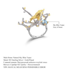 GEM'S BALLET 925 Silver Handmade Golden Bird Tree Branch Rings Protect Environment Natural Sky Blue Topaz Ring for Women Party