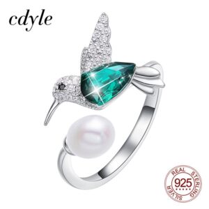 Cdyle Luxury Silver 925 Jewelry Women Pearl Rings with Green Crystal from Swarovski Hummingbird Finger Ringen Voor Vrouwen