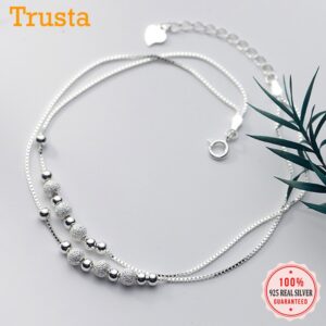 Trustdavis Authentic 925 Sterling Silver Simple Frosted Bead Double Layer Box Chain Anklet for Women Summer S925 Jewelry YQ133