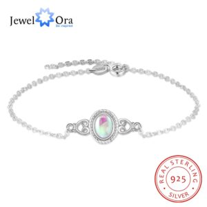 JewelOra 925 Sterling Silver Rainbow Oval Moonstone Charm Bracelets & Bangles Women Chain Bracelets Wedding Jewelry Accessories