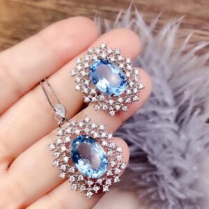 Almei Natural Blue Topaz Pendant Necklace Gemstone Stud Earrings for Women, 925 Sterling Silver Wedding Jewelry FT257