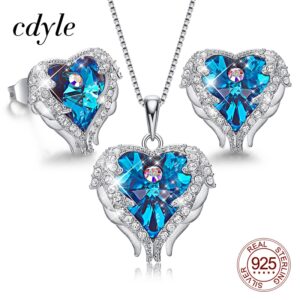 Cdyle 925 Sterling Silver Necklace Earrings Set Embellished with Crystal from Swarovski Fashion Jewelry Heart of Ocean Charm