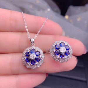 Oval Cut Natural Blue Sapphire Pendant Flower Necklace and Ring Set,925 Sterling SIlver Plum Blossom Gemstone Jewelry Set FT262