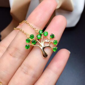 USPS Shipping Tested Natural Diopside Necklace for Women, Gold Plated 925 Sterling Silver Life Tree Fine Jewelry Gift with Box