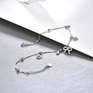 FUN-BEAUTY Ladies S925 SterlingSilver Fashion Temperament Anklet Accessories Inlaid Zircon With Creative Bow Anklet