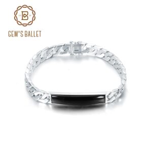 GEM'S BALLET Natural Black Onyx Bracelets for Men 925 Sterling Silver Casual Bar Chain Bracelet Bangle Women Party Jewelry