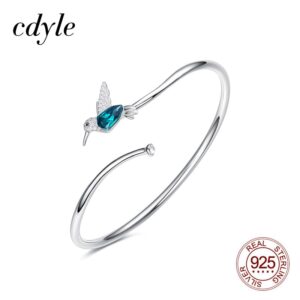 Cdyle 925 Sterling Silver Hummingbird Bangle Bracelet with Green Austrian Crystal Fashion Elegant Chic Animal Jewelry Bijoux