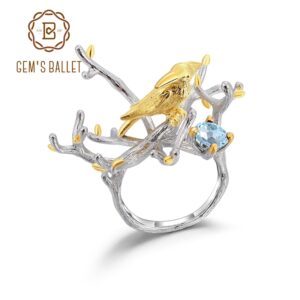 GEM'S BALLET 925 Silver Handmade Golden Bird Tree Branch Rings Protect Environment Natural Sky Blue Topaz Ring for Women Party